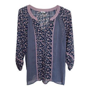Milani Womans Tunic Peasant blouse sheer blue pink floral shirt size XL